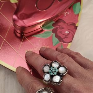 Sterling Silver Opal & Turquoise Daisy Cocktail ring Size 7.5